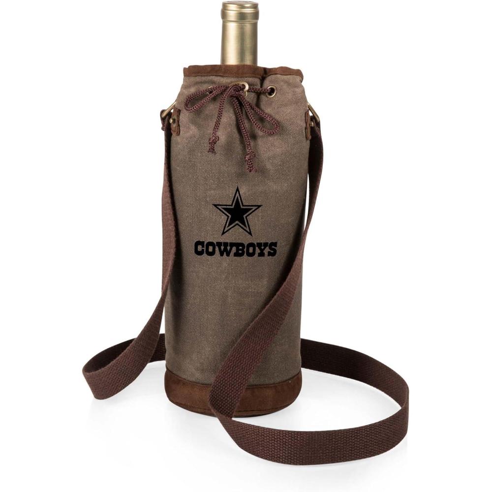 imagePICNIC TIME NFL Distressed Waxed Canvas Wine Tote Single Bottle Insulated Bag Bottle Carrier Wine Gift Bag Khaki GreenDallas Cowboys