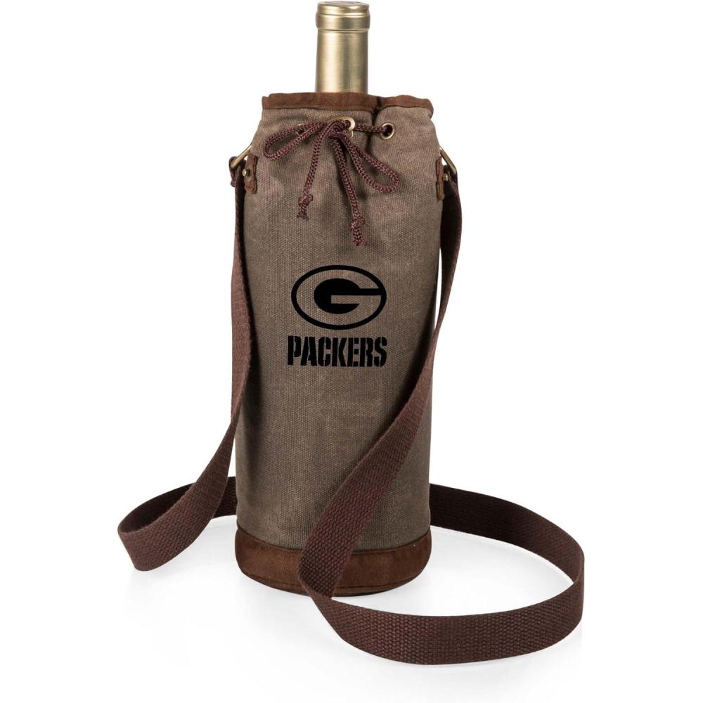 imagePICNIC TIME NFL Distressed Waxed Canvas Wine Tote Single Bottle Insulated Bag Bottle Carrier Wine Gift Bag Khaki GreenGreen Bay Packers