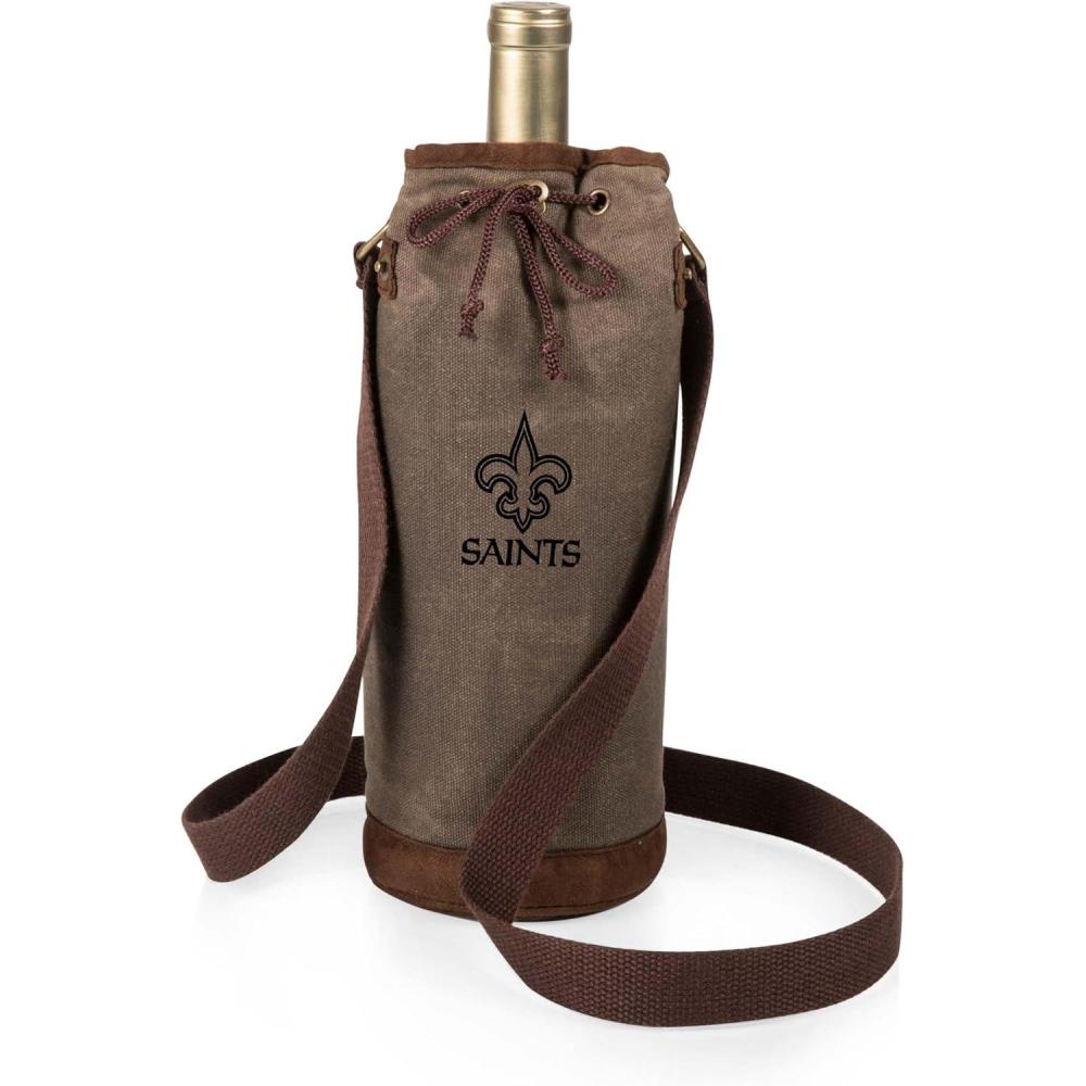 imagePICNIC TIME NFL Distressed Waxed Canvas Wine Tote Single Bottle Insulated Bag Bottle Carrier Wine Gift Bag Khaki GreenNew Orleans Saints