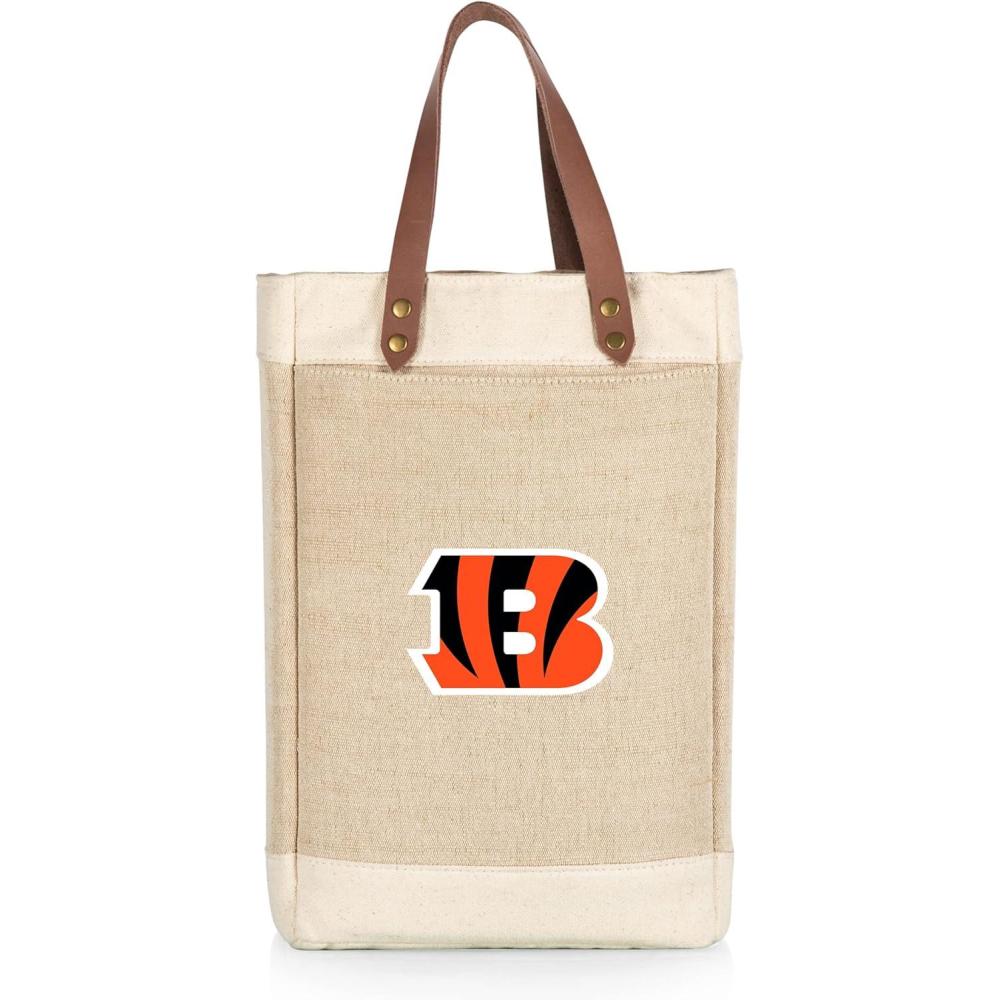 imagePICNIC TIME NFL Pinot  Jute 2 Bottle Insulated Wine Bag  Wine Tote Bag  Wine Gift Bag BeigeCincinnati Bengals