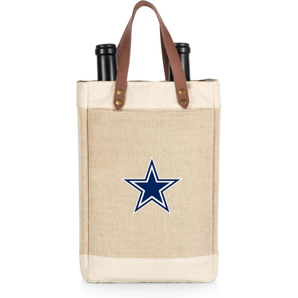 imagePICNIC TIME NFL Pinot  Jute 2 Bottle Insulated Wine Bag  Wine Tote Bag  Wine Gift Bag BeigeDallas Cowboys
