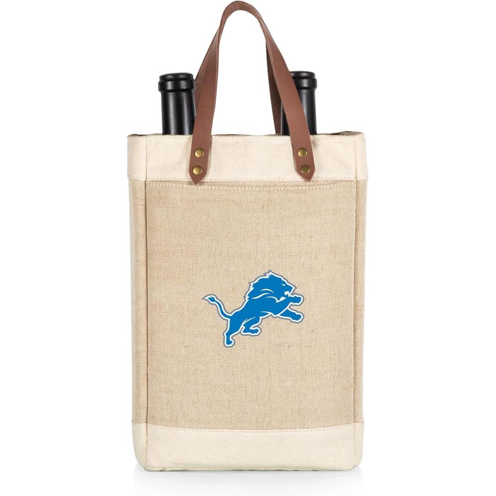 imagePICNIC TIME NFL Pinot  Jute 2 Bottle Insulated Wine Bag  Wine Tote Bag  Wine Gift Bag BeigeDetroit Lions