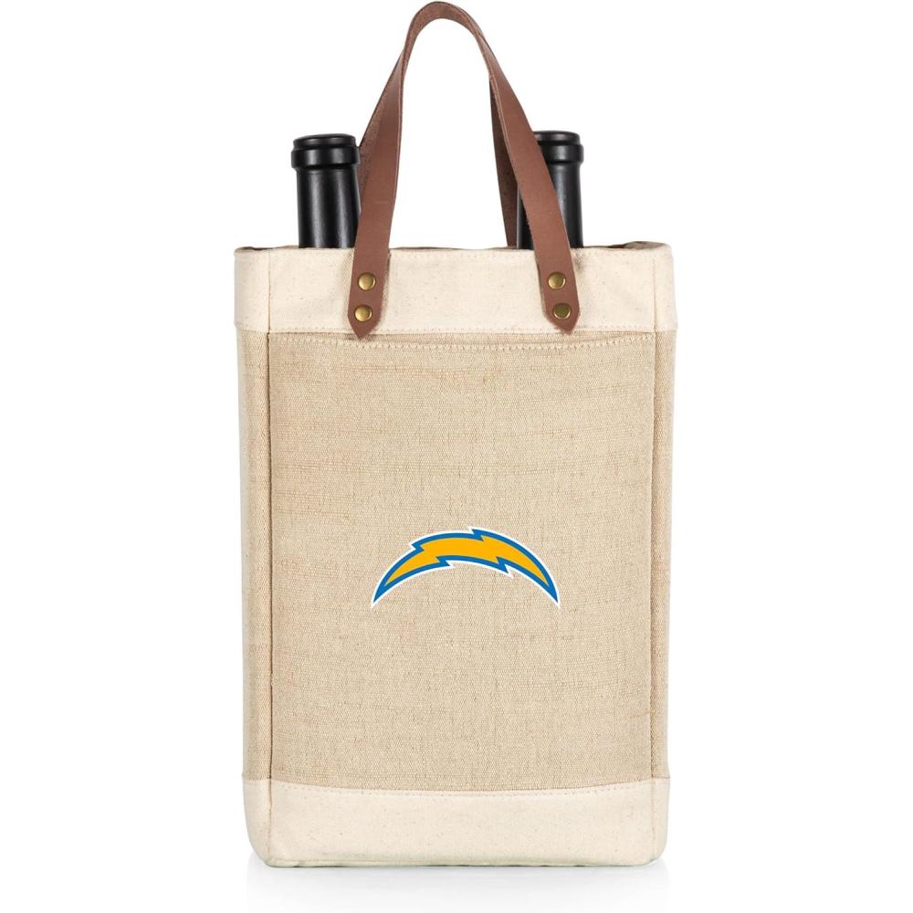 imagePICNIC TIME NFL Pinot Jute 2 Bottle Insulated Wine Bag Wine Tote Bag Wine Gift Bag BeigeLos Angeles Chargers