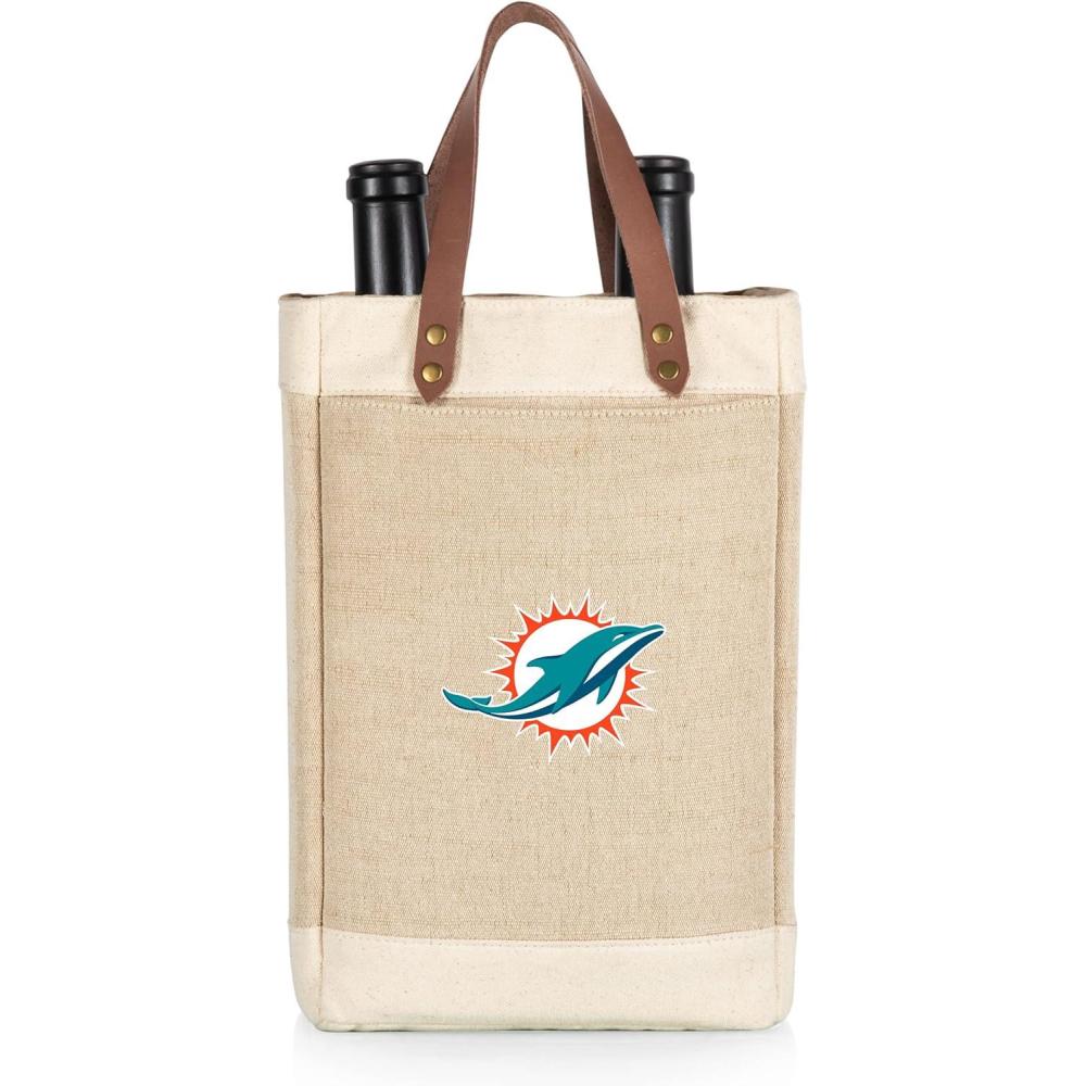 imagePICNIC TIME NFL Pinot Jute 2 Bottle Insulated Wine Bag Wine Tote Bag Wine Gift Bag BeigeMiami Dolphins