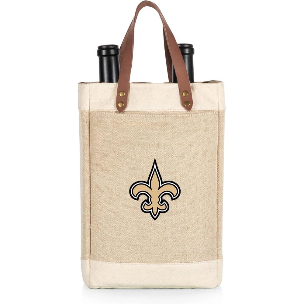 imagePICNIC TIME NFL Pinot Jute 2 Bottle Insulated Wine Bag Wine Tote Bag Wine Gift Bag BeigeNew Orleans Saints