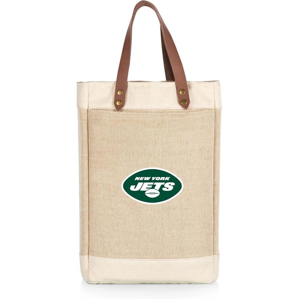 imagePICNIC TIME NFL Pinot Jute 2 Bottle Insulated Wine Bag Wine Tote Bag Wine Gift Bag BeigeNew York Jets