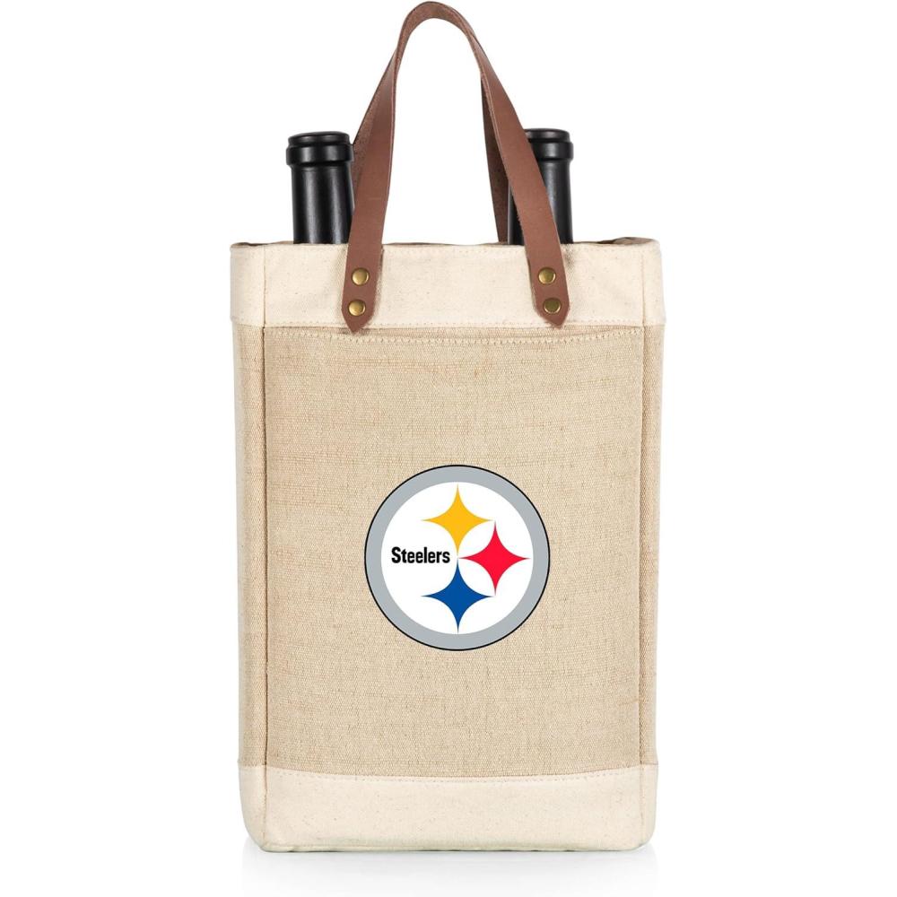 imagePICNIC TIME NFL Pinot  Jute 2 Bottle Insulated Wine Bag  Wine Tote Bag  Wine Gift Bag BeigePittsburgh Steelers
