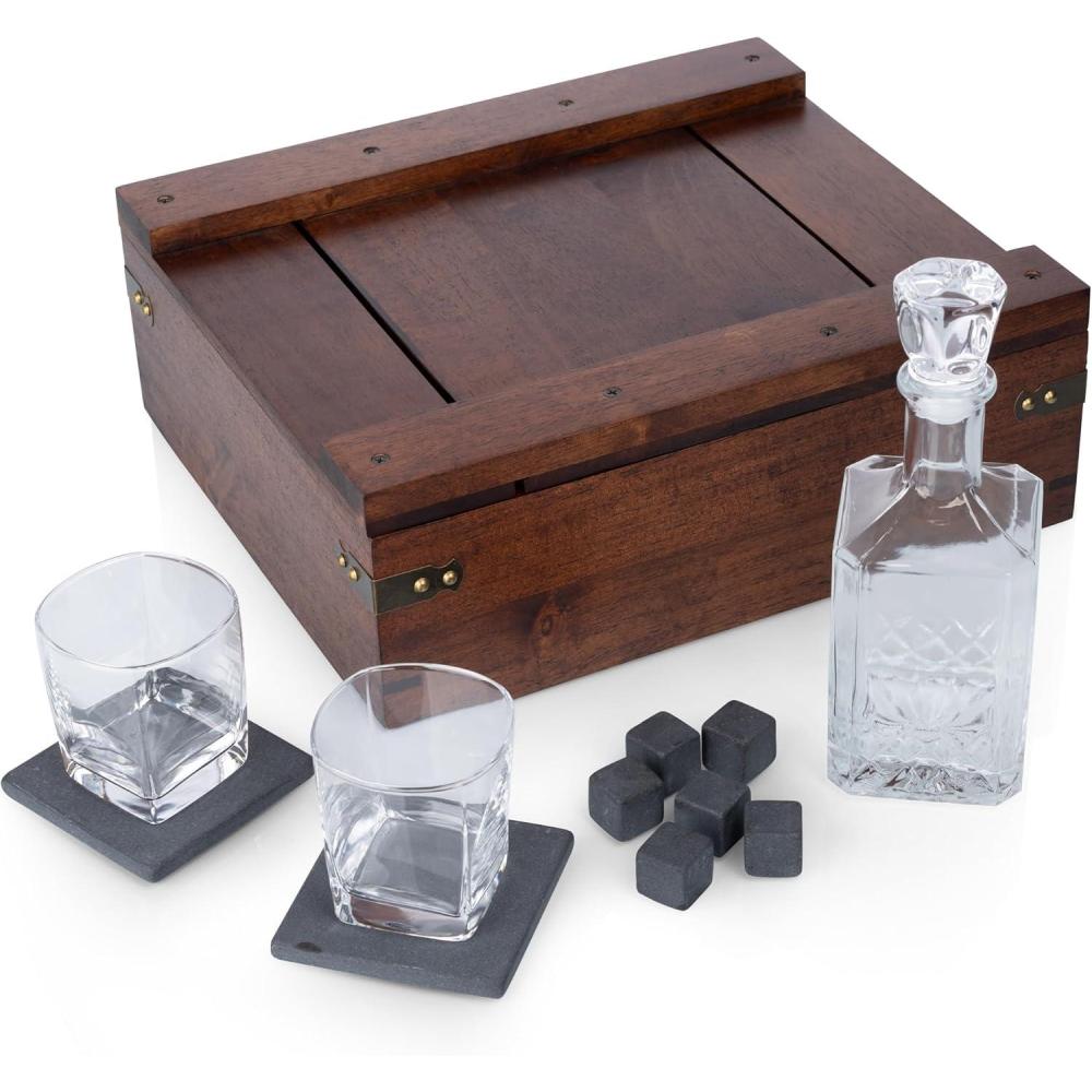 imagePICNIC TIME Whiskey Box Gift Set with Decanter Whiskey Glasses Drinking Set of 2 with Stones Portable Mini Bar Fathers Day Gift Components Securely Displayed with Oak Chest Oak Wood