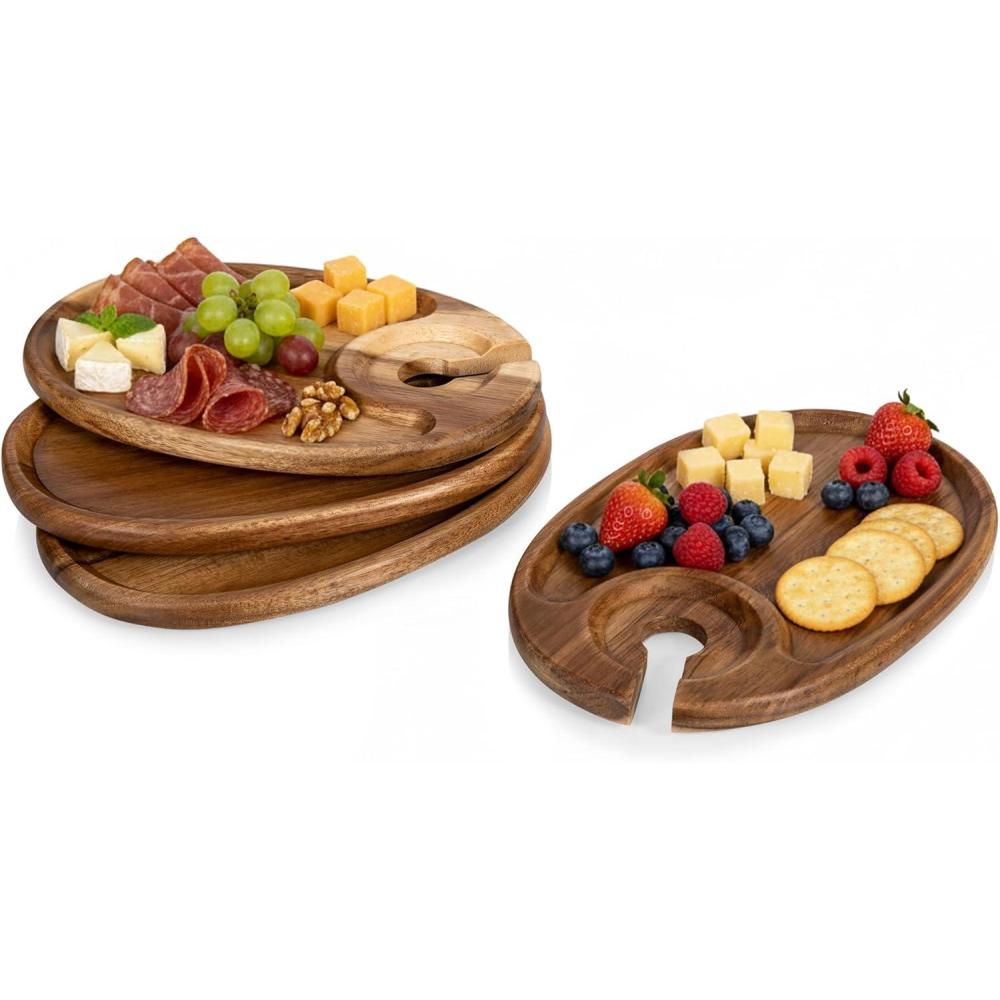 imagePICNIC TIME Wine Appetizer Plates Set of 4 Wooden Cocktail Plates with Glass Holder Mini Charcuterie Boards for Wine and Cheese Parties Acacia Cheese Board Serving Trays Oval Acacia Wood