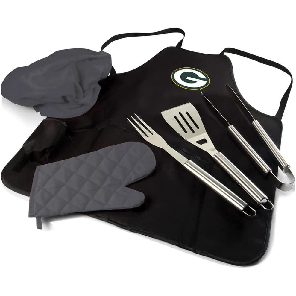 imagePicnic TIME BBQ Apron Tote Pro Grill Set Black with Gray AccentsGreen Bay Packers