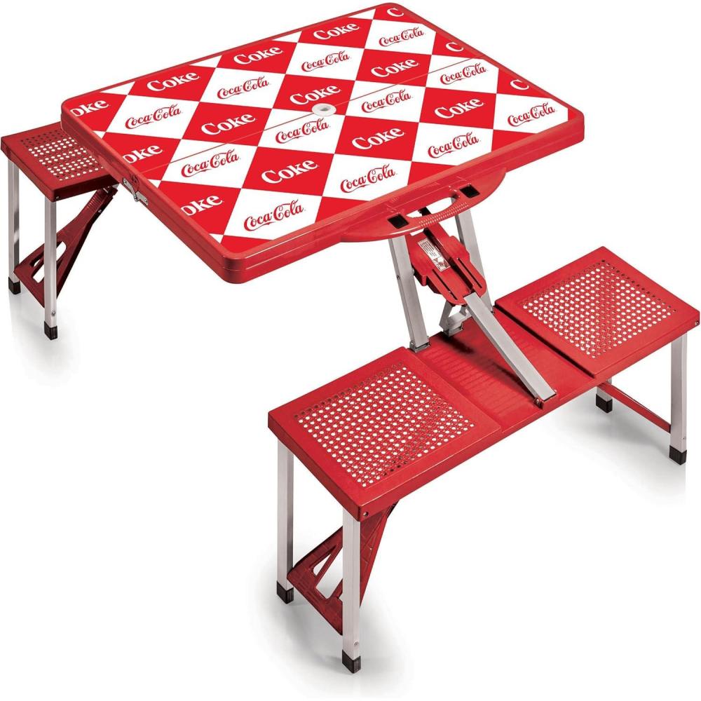 imagePicnic TIME CocaCola Folding Picnic Table with Seats Collapsible Aluminum Table and Bench Set with Umbrella Hole Lightweight Portable Table for Camping Travel Tailgating Backyard RedCocacola Checkered Red