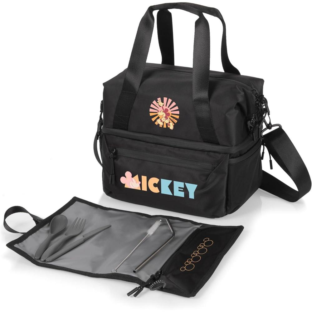 imagePicnic TIME Disney Mickey Mouse Tarana Insulated Lunch Bag Made from Recycled Material Lunch Box with Picnic Set Upcycled Lunch Cooler Bag Carbon BlackDisney Mickey Mouse Carbon Black