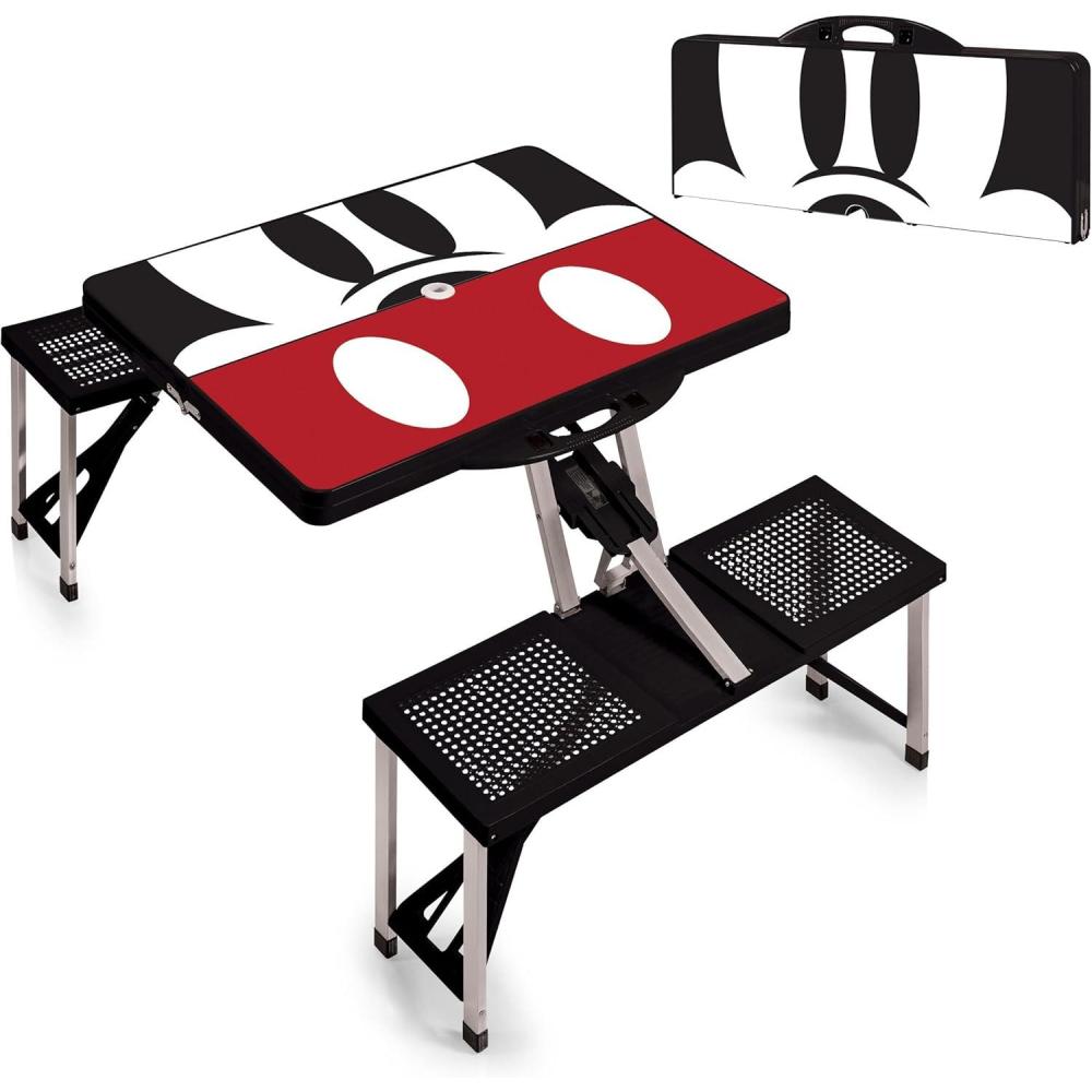imagePicnic TIME Disney Picnic Table with Seats Collapsible Aluminum Table and Bench Set with Umbrella Hole Lightweight Portable Table for Camping Travel Tailgating BackyardDisney Mickey Mouse Black