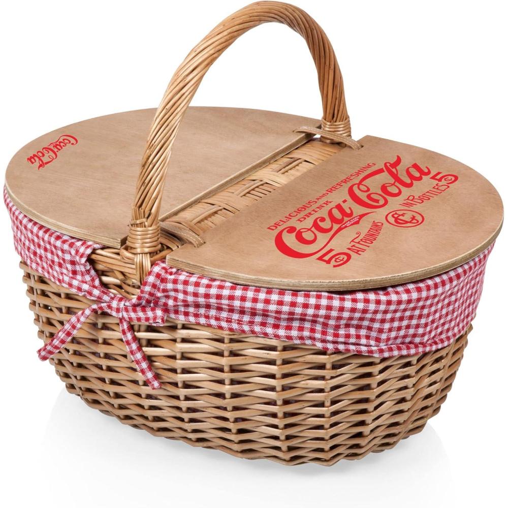imagePicnic TIME Disney Winnie The Pooh Country Vintage Picnic Basket with Lid Wicker Picnic Basket for 2 Navy Blue ampamp White StripeCocacola Red White Gingham Pattern