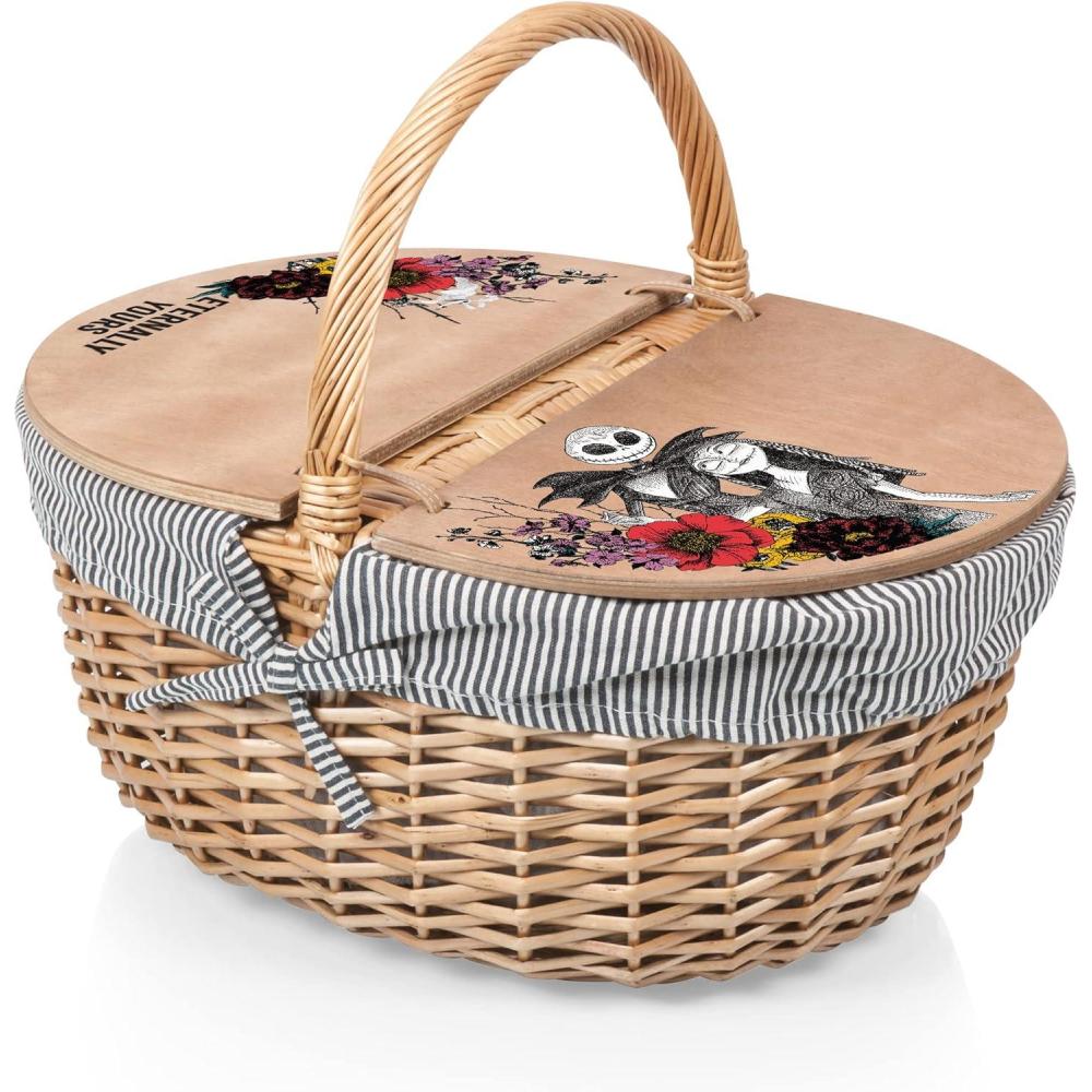 imagePicnic TIME Disney Winnie The Pooh Country Vintage Picnic Basket with Lid Wicker Picnic Basket for 2 Navy Blue ampamp White StripeDisney Nightmare Before Christmas Jack Sally Navy Blue White Stripe