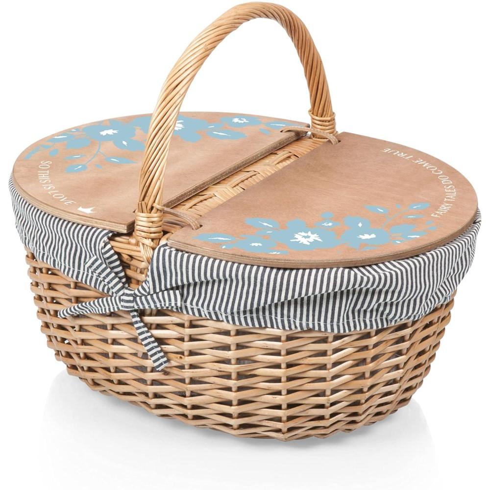 imagePicnic TIME Disney Winnie The Pooh Country Vintage Picnic Basket with Lid Wicker Picnic Basket for 2 Navy Blue ampamp White StripeDisney Princess Cinderella Navy Blue White Stripe