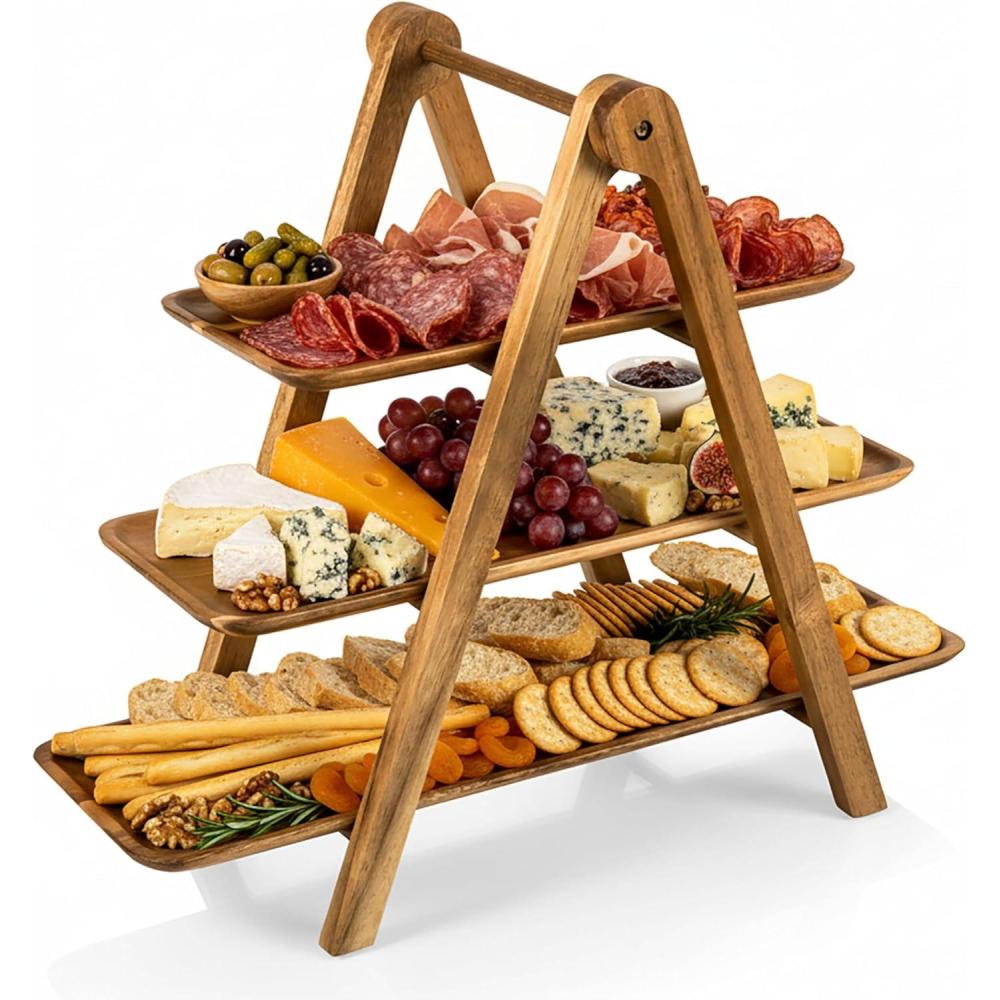 imageTOSCANA A Picnic Time Brand 3 Tiered Serving Tray Charcuterie Boards Wood Serving Platters Acacia Wood