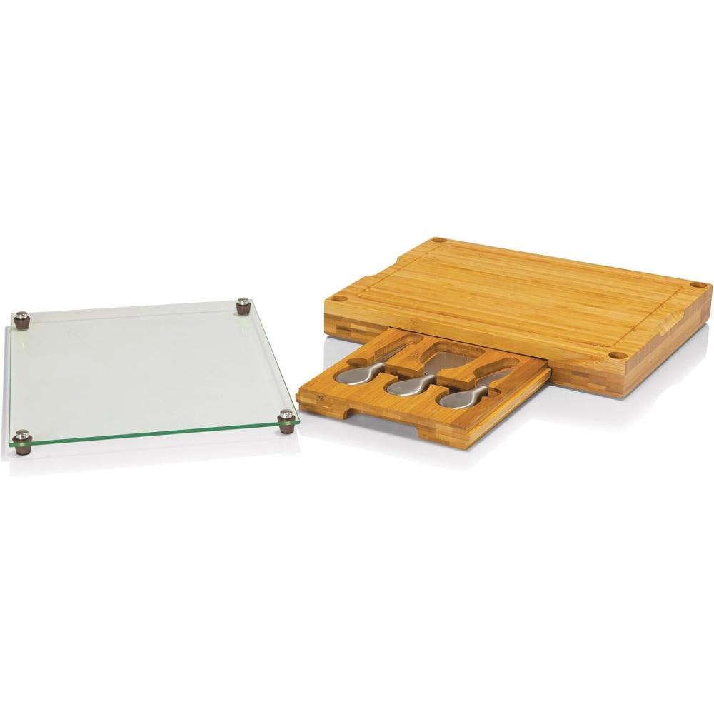 imageTOSCANA a Picnic Time brand Concerto Glass Top Cheese and Knife Set Charcuterie Set Glass Top Cutting Board Bamboo