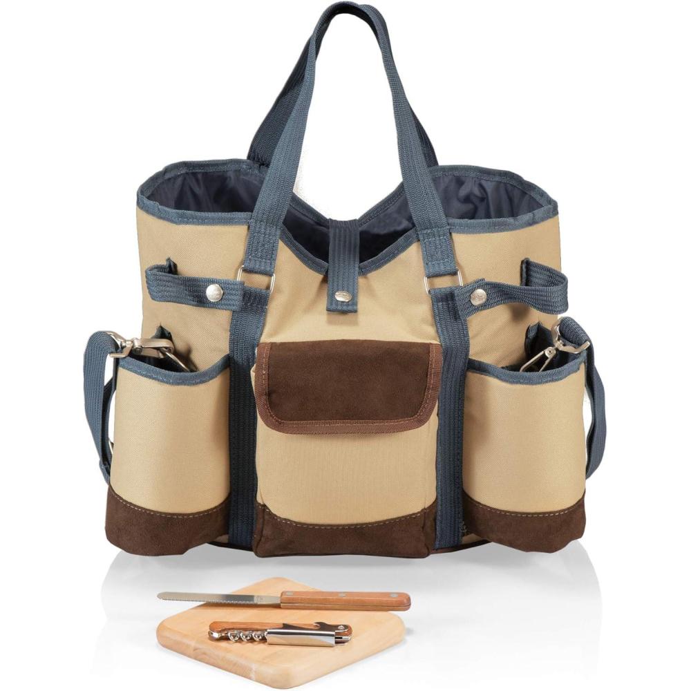 imageWine Country Tote Wine ampamp Cheese Picnic Tote Beige Canvas with Navy Blue ampamp Brown AccentsTanBlue