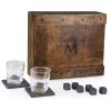 LEGACY – a Picnic Time brand Monogram Initials Whiskey Box Gift Set, Includes Whiskey Glasses, Chillding Stones, and Stone Coasters, (Oak Wood)(M)