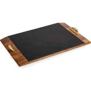 Covina Slate Serving Tray, Charcuterie Board Set, (Acacia Wood & Slate Black with Gold Accents) Large