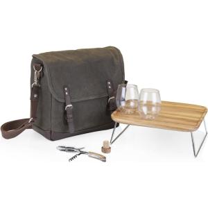 LEGACY – a Picnic Time Brand Adventure Wine Tote Bag with Wine Glasses and Mini Table, Khaki Green/Brown((Khaki Green With Brown Accents))