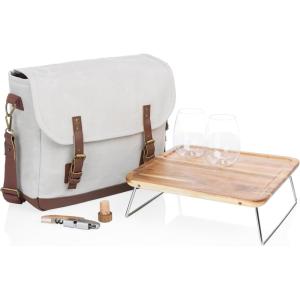 LEGACY – a Picnic Time Brand Adventure Wine Tote Bag with Wine Glasses and Mini Table, Khaki Green/Brown(White)