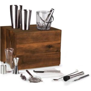 LEGACY – a Picnic Time Brand Madison Acacia Tabletop Bar Tool Set, Professional Mixology Bartender Kit with Stand, Bar Accessories Set, Cocktail Shaker Set, (Acacia Wood)