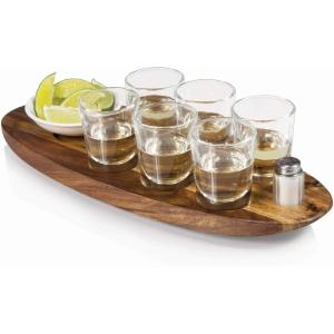 LEGACY – a Picnic Time brand – Cantinero Shot Glass Set with Tray – Tequilla Shot Glasses – Cocktail Serving Tray, (Acacia Wood)