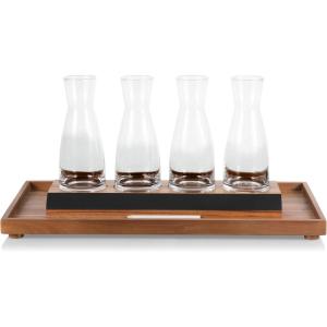 LEGACY – a Picnic Time brand Cava Serving Tray and 4 Glass Carafes, Mimosa Bar Kit, Wine Flight Tasting Set, (Acacia Wood)