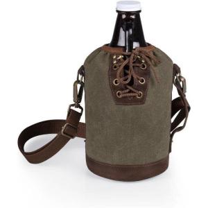 LEGACY – a Picnic Time brand Insulated 64 oz, Beer Gifts for Men, Waxed Canvas Tote Water Bottle Carrier, One Size, Khaki Green with Brown Accents & Glass Growler(Khaki Green With Brown Accents & Glass Growler)