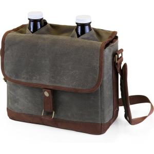 LEGACY – a Picnic Time brand Insulated Double Glass Growler Tote, Beer Gifts for Men, Waxed Canvas Tote Bag Water Bottle Carrier, (Khaki Green with Brown Accents)(With Glass Growlers)