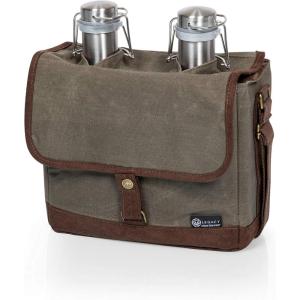 LEGACY – a Picnic Time brand Insulated Double Glass Growler Tote, Beer Gifts for Men, Waxed Canvas Tote Bag Water Bottle Carrier, (Khaki Green with Brown Accents)(With Stainless Steel Growlers)