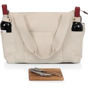 LEGACY Temecula Wine Bag, Wine and Cheese Picnic Tote Bag, Wine Picnic Cooler Bag with Cheese Board, (Mulled Wine)(Natural White Canvas)