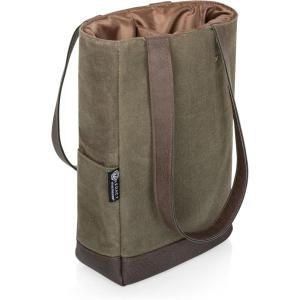 PICNIC TIME 2 and 3 Bottle Insulated Wine Bag, Distressed Waxed Canvas Wine Tote, Durable Bottle Carrier Bag for Gifts and Travel with Side Pockets & Removable Divider (Khaki Green with Brown Accents)(2 Bottle Insulated Wine Bag)