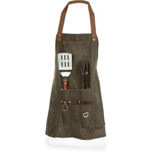 PICNIC TIME BBQ Apron with Tools & Bottle Opener, Distressed Waxed Canvas Apron for Grilling and Cooking with BBQ Spatula & Tongs Numerous Pockets and Neck and Waist Straps (Khaki Green)