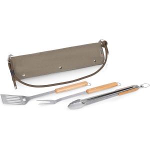 PICNIC TIME BBQ Roll Up 3 Piece Set, Outdoor BBQ Accessories with Black Canvas and Beechwood Tools, Grilling Accessories for Barbecue, BBQ Tools & Grill Set with Durable Canvas Tote and Strap, (Black)(Green)