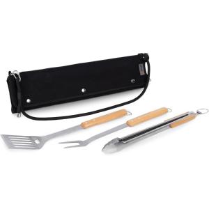 PICNIC TIME BBQ Roll Up 3 Piece Set, Outdoor BBQ Accessories with Black Canvas and Beechwood Tools, Grilling Accessories for Barbecue, BBQ Tools & Grill Set with Durable Canvas Tote and Strap, (Black)(Black)