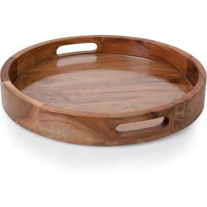 PICNIC TIME Barista Serving Tray with Glass Insert, Round Acacia Wood Cheese Board, Serving Platter with Handles, (Acacia Wood)