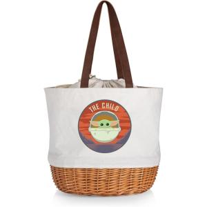 PICNIC TIME Coronado Canvas and Willow Basket Tote, Picnic Tote Bag, Beach Tote(Star Wars Mandalorian Grogu – Beige Canvas)