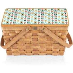 PICNIC TIME Disney Mickey Mouse Poppy Personal Picnic Basket, Insulated Lunch Bag, Retro Lunch Box, (Beige)(Disney Mickey Mouse – Flower Pattern)