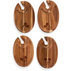 PICNIC TIME Disney Mickey Mouse Wine Appetizer Plate Set of 4, Cocktail Plate with Glass Holder, Cheese Board with Wine Holder, (Acacia Wood), 9 x 6(Disney Mickey Mouse – Acacia Wood)