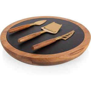 PICNIC TIME Insignia Slate Serving Board with Cheese Tools, Charcuterie and Wood Cutting Set, (Acacia Wood & Slate Black with Gold Accents), Large