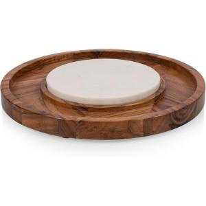 PICNIC TIME Isla Serving Platter with Marble Cheeseboard Insert, Acacia Wood Charcuterie Board Set, Round Serving Chopping Tray, (Acacia Wood with Marble)