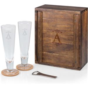 PICNIC TIME LEGACY Monogram Initials U Pilsner Craft Beer Set with 2 Beer Glasses, Personalized Gift For Beer Lovers, (Acacia Wood)(Acacia Wood)