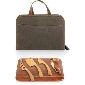 PICNIC TIME Monterey Travel Cheese Knife Set, Distressed Waxed Canvas Bag with Cheese Knives and Cutting Board, Portable Travel Utensils Case, Camping Cutlery with Waxed Canvas Case (Khaki Green)
