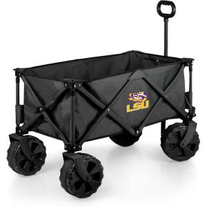 PICNIC TIME NCAA Adventure Wagon Elite All-Terrain Folding Beach Wagon with Big Wheels Plus Table Top Lid & Soft Cooler Liner, (Dark Gray)(LSU Tigers)