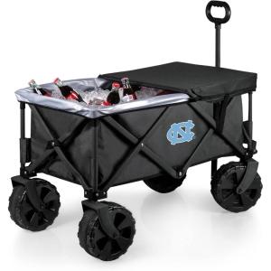 PICNIC TIME NCAA Adventure Wagon Elite All-Terrain Folding Beach Wagon with Big Wheels Plus Table Top Lid & Soft Cooler Liner, (Dark Gray)(North Carolina Tar Heels)