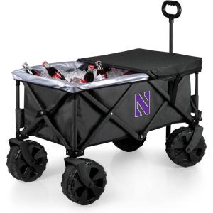 PICNIC TIME NCAA Adventure Wagon Elite All-Terrain Folding Beach Wagon with Big Wheels Plus Table Top Lid & Soft Cooler Liner, (Dark Gray)(Northwestern Wildcats)