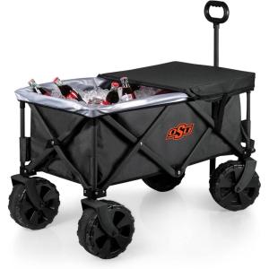 PICNIC TIME NCAA Adventure Wagon Elite All-Terrain Folding Beach Wagon with Big Wheels Plus Table Top Lid & Soft Cooler Liner, (Dark Gray)(Oklahoma State Cowboys)